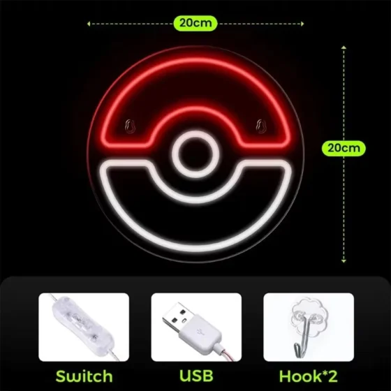 Néon LED mural gaming 20 cm – 8 modèles – Poké Ball